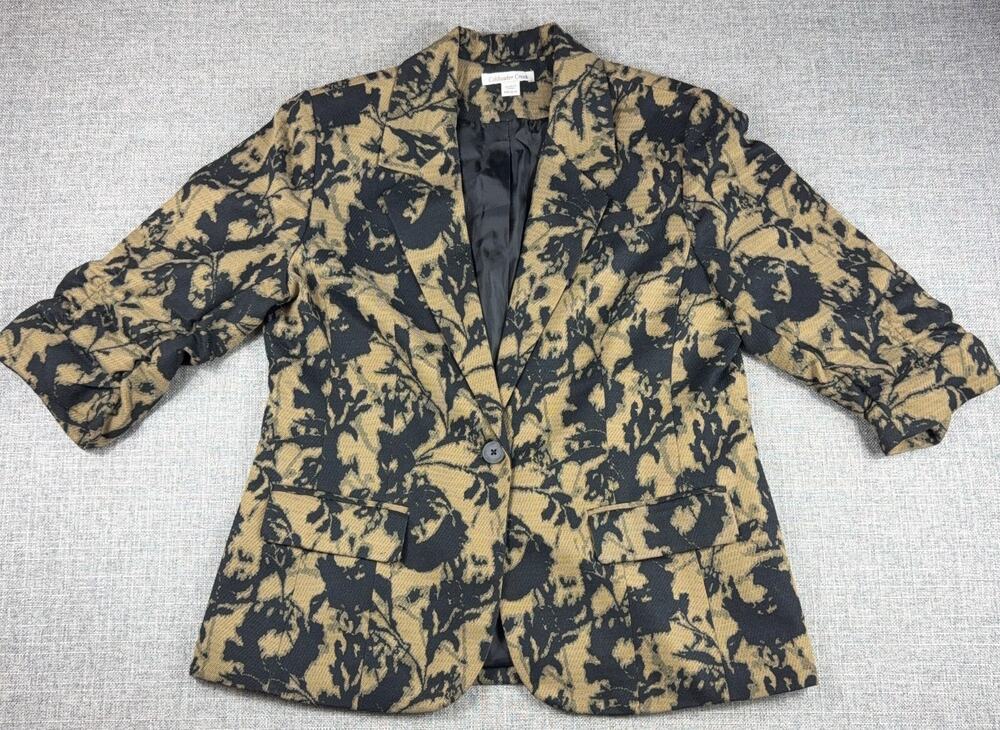 Coldwater Creek Womens PM 10-12 Floral Tapestry Blazer Jacket Black Tan 3/4 Slee